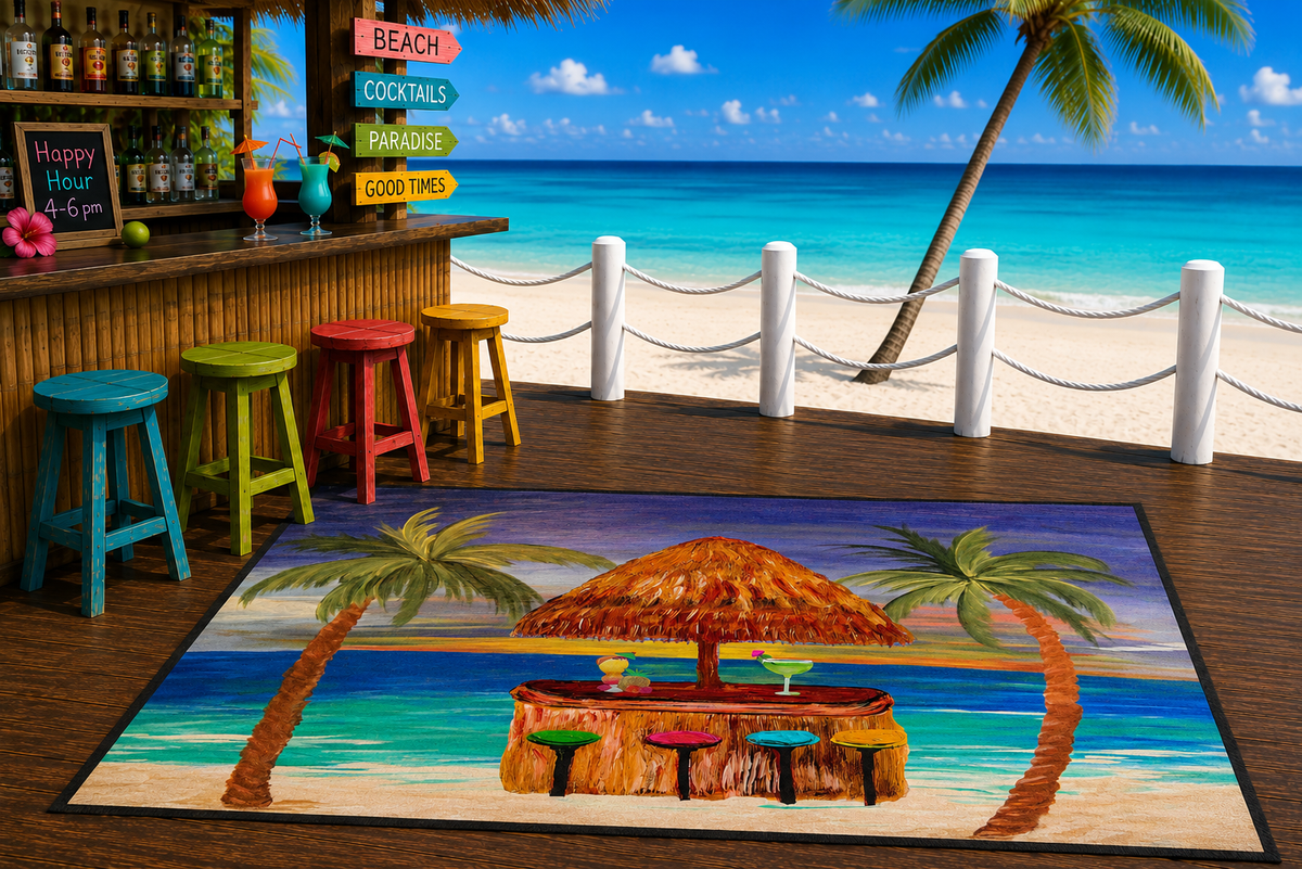 Tiki Bar Floor Mat – Tropical Beach Doormat with Palm Trees & Cocktail Design