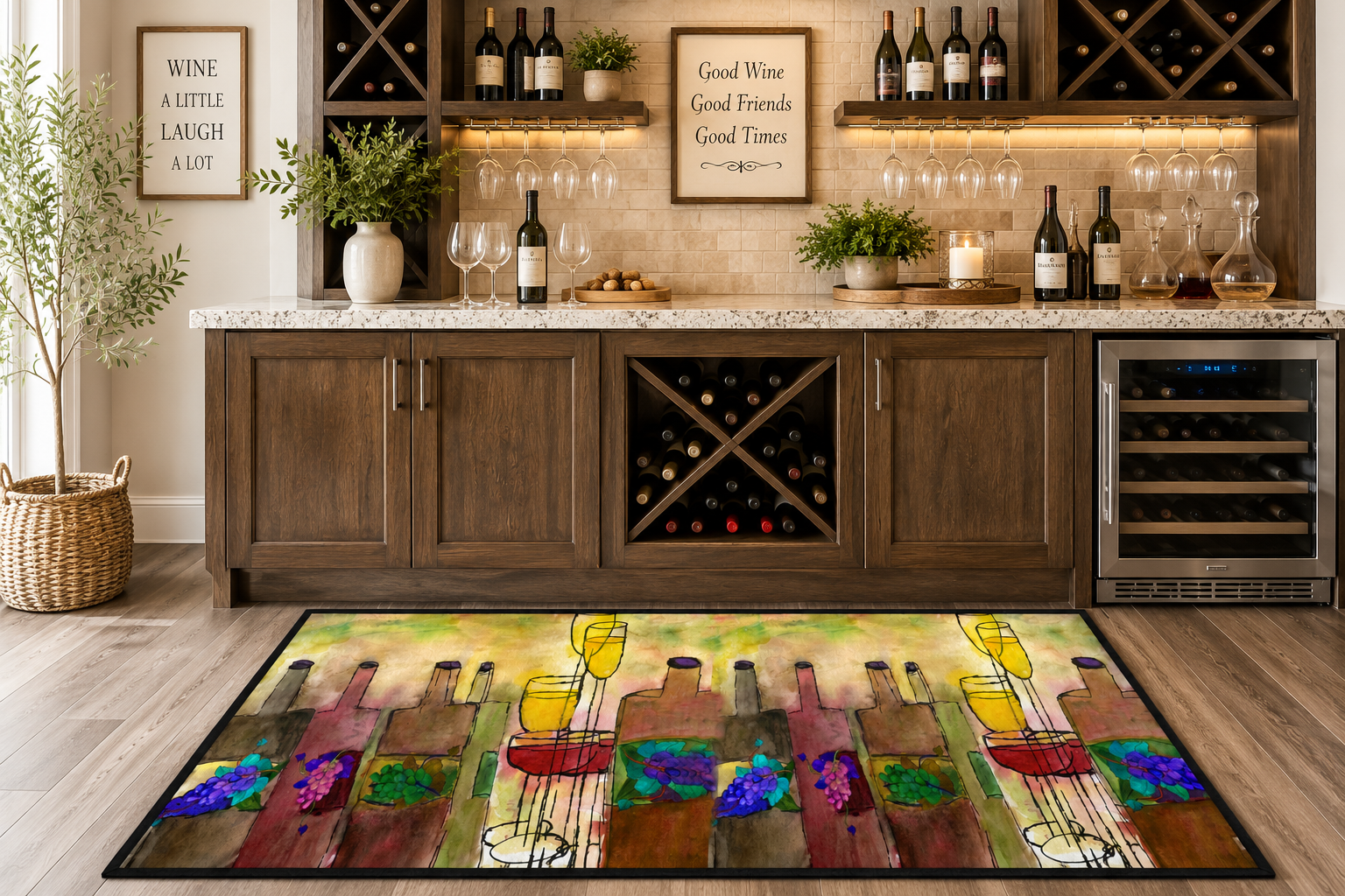 Tuscany Wine bottles artsy floor mat rug.