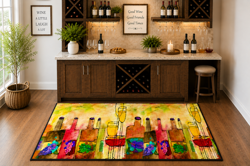 Wine Bottle Art Heavy Duty Floor Mat Vineyard Bar Colorful Grapes & Glasses Entry Rug