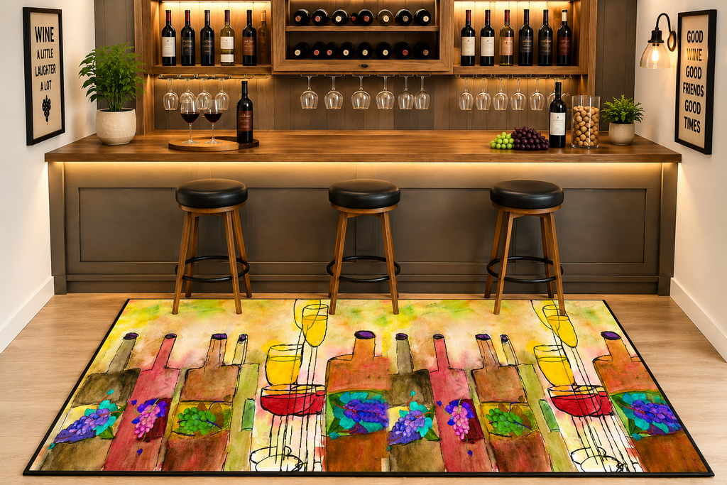 Wine Bottle Art Heavy Duty Floor Mat Vineyard Bar Colorful Grapes & Glasses Entry Rug