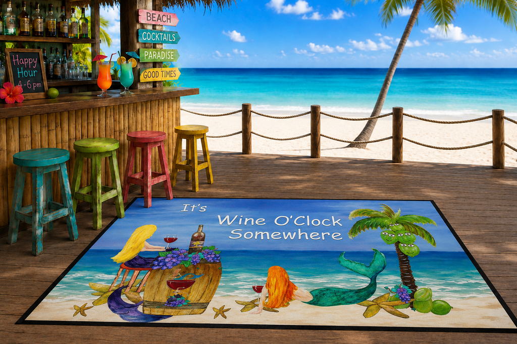 Heavy Duty Floor Mat – "It’s Wine O’Clock Somewhere" Beach Mermaid Welcome Mat