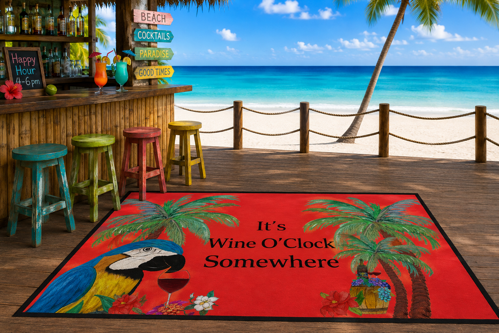 Floor Mat — "It’s Wine O’Clock Somewhere" Tropical Parrot Welcome Mat