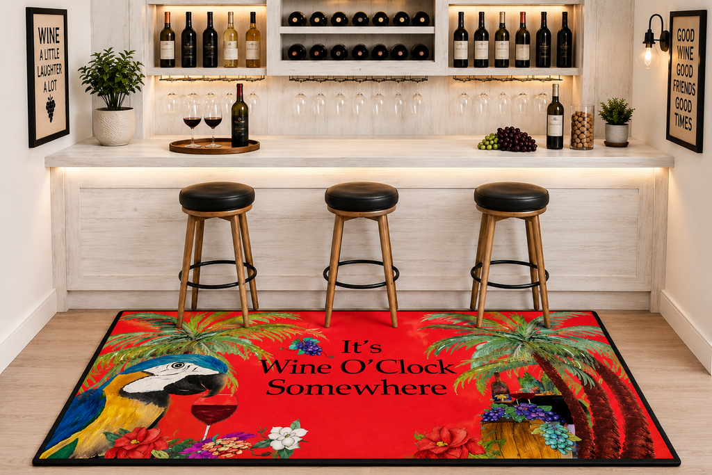 Floor Mat — "It’s Wine O’Clock Somewhere" Tropical Parrot Welcome Mat