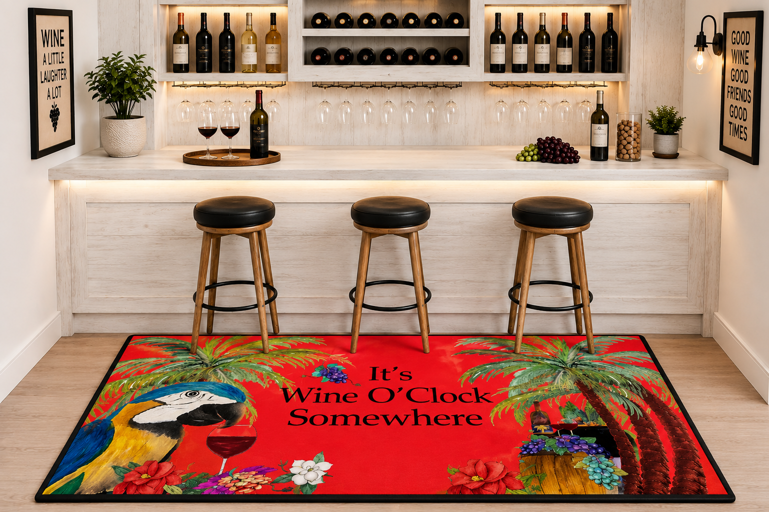 Floor Mat — "It’s Wine O’Clock Somewhere" Tropical Parrot Welcome Mat