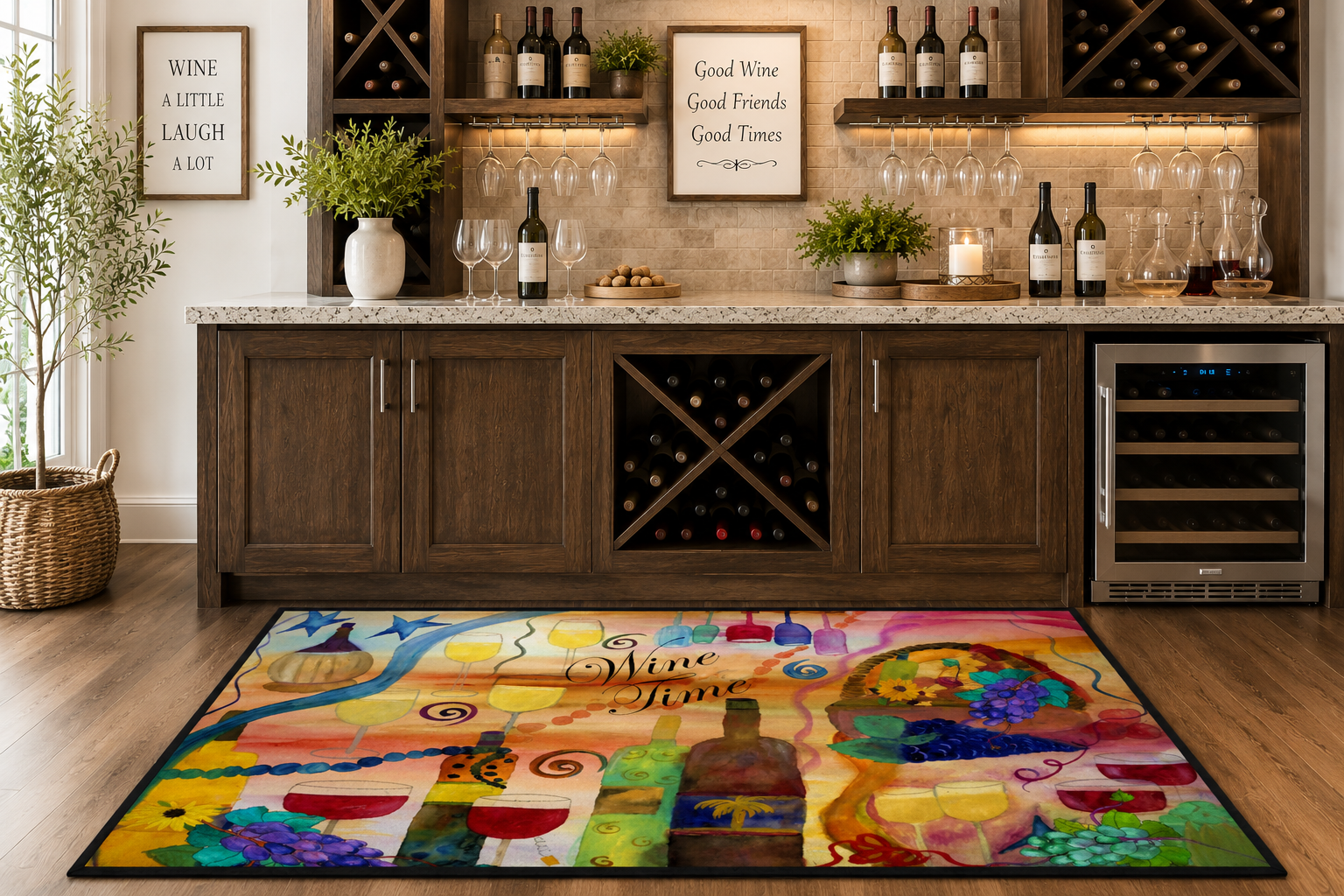 Wine Time Heavy Duty Floor Mat — Colorful Wine Bottle & Glass Kitchen Rug