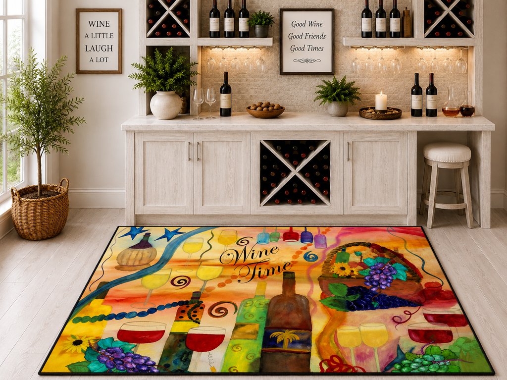 Wine Time Heavy Duty Floor Mat — Colorful Wine Bottle & Glass Kitchen Rug